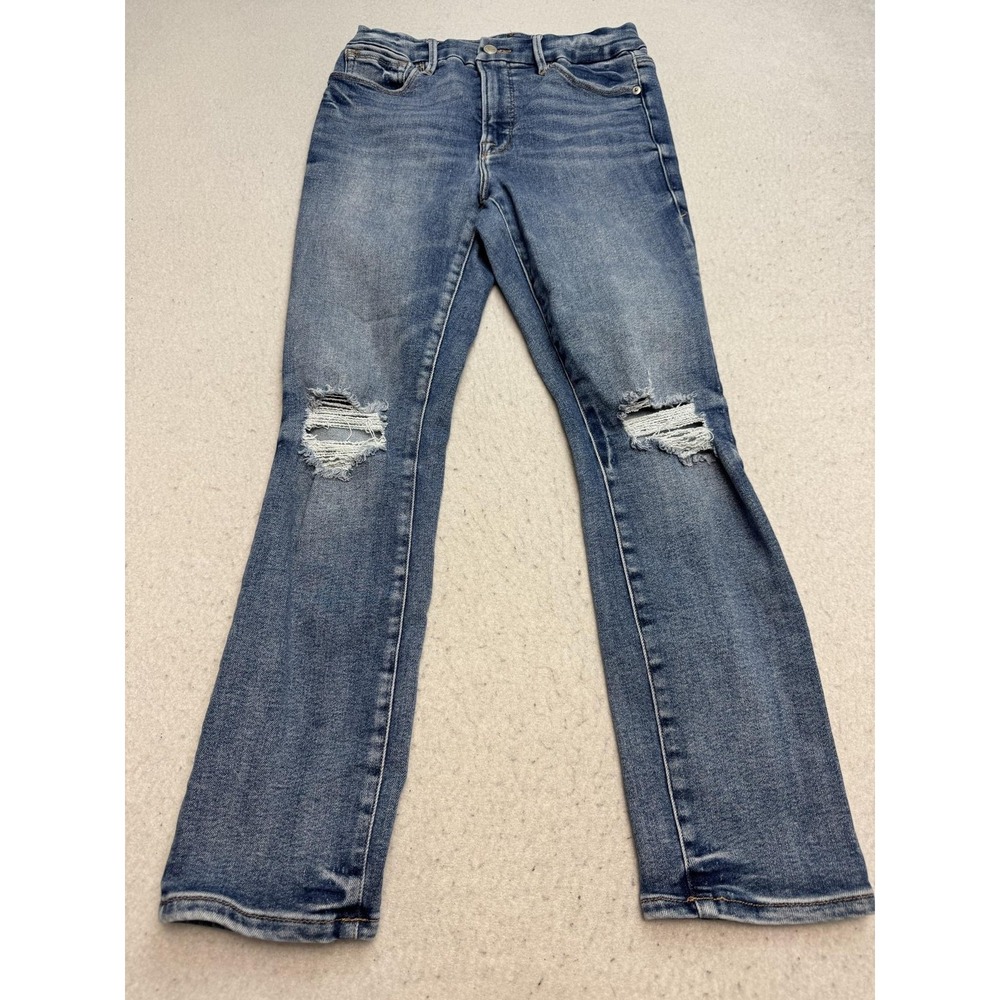 Good American Jeans Womens 6/28 Blue Mid Rise Distressed Straight Stretch Denim